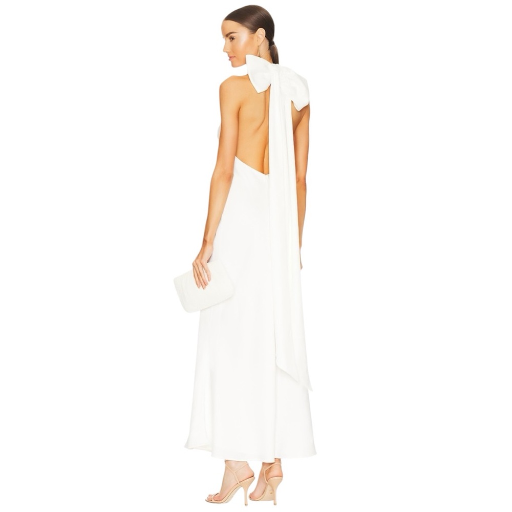 MISHA COLLECTION x Revolve White Satin Backless Bow Halter Wedding Dress Gown 0